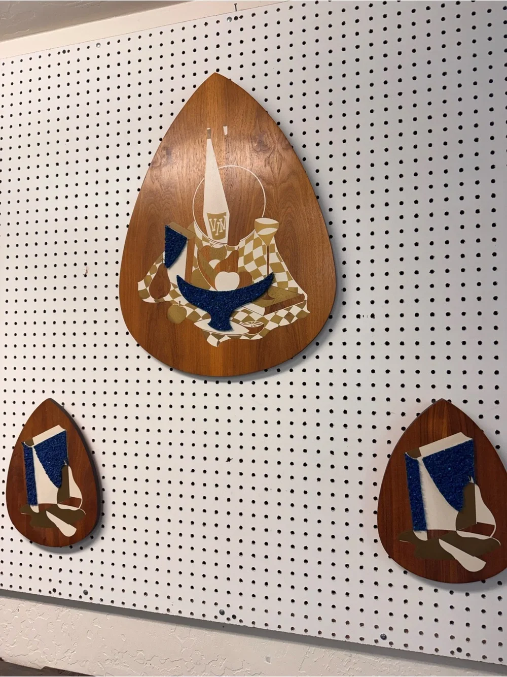 Mid-Century Teardrop Wood Wall Art Set of 3 Popcorn Gravel Wine Vino Book